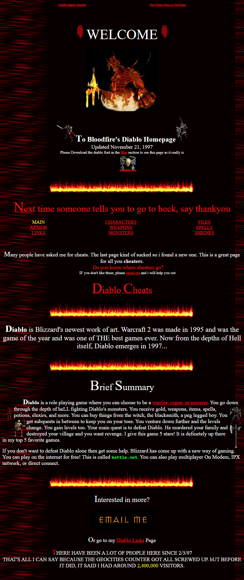 Bloodfire's Diablo Homepage in 1997