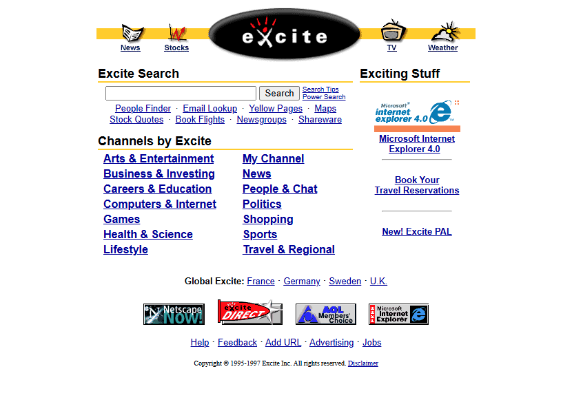 Excite website in 1997