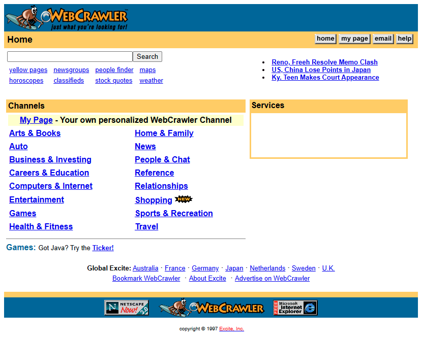 WebCrawler website in 1997