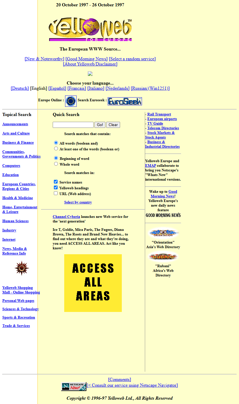 Yelloweb Europe Directory website in 1997