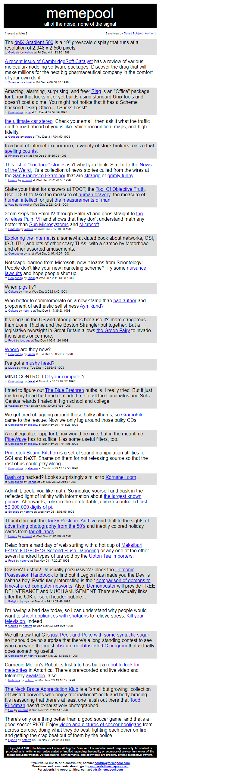 Memepool website in 1998