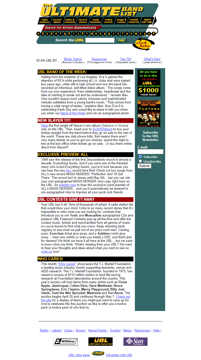 The Ultimate Band List website in 1998