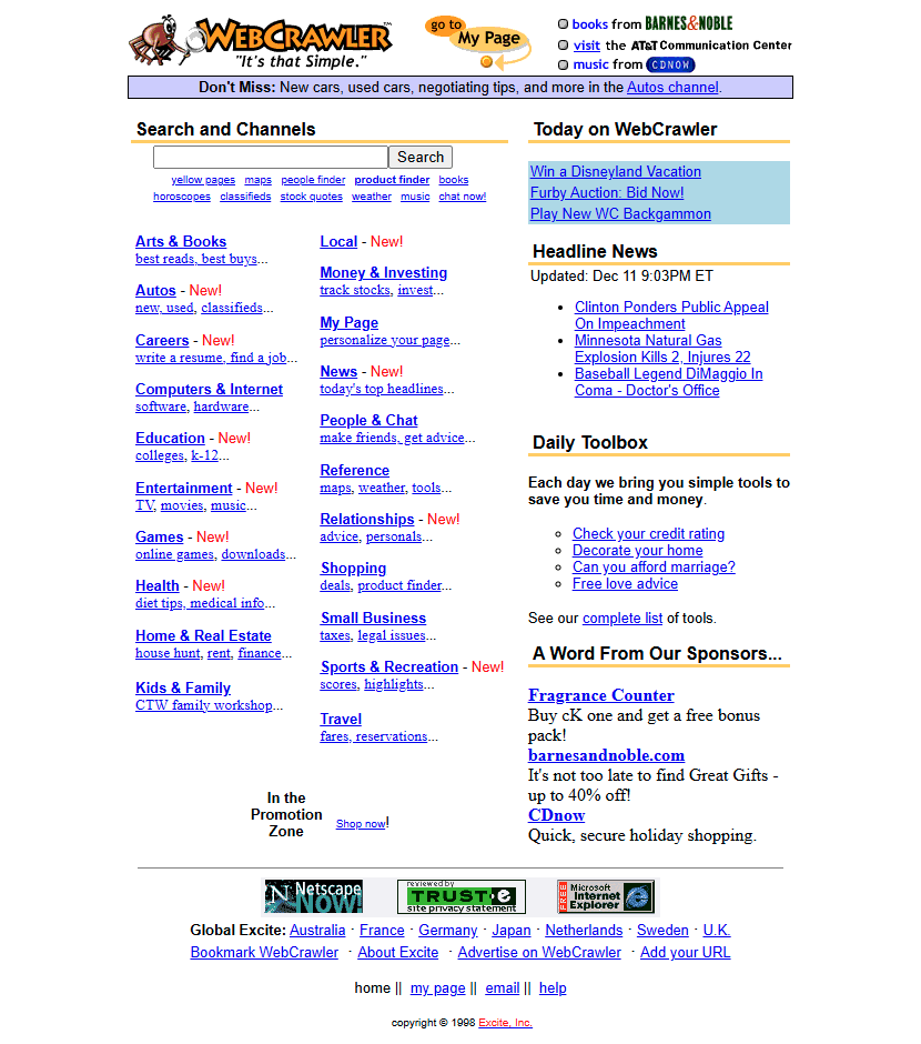 WebCrawler website in 1998