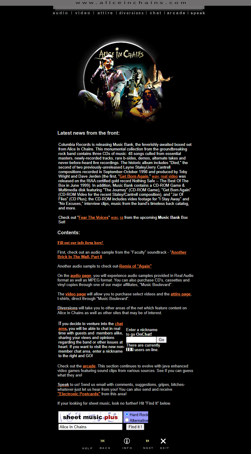 Alice in Chains website in 1999