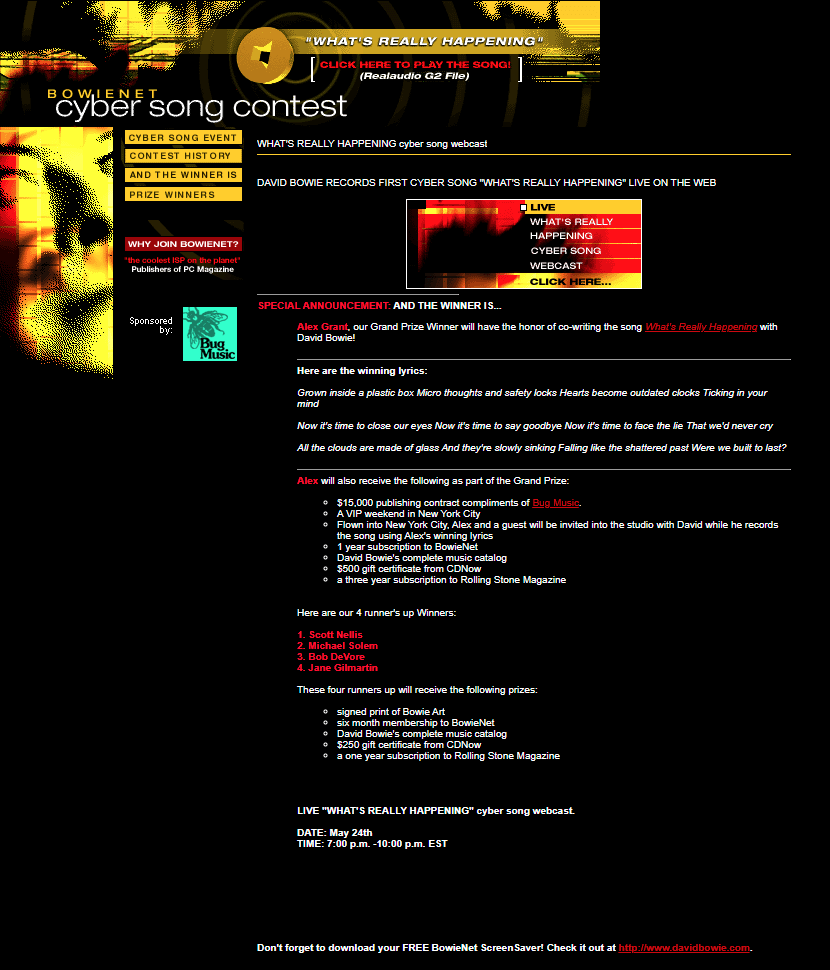 Bowienet Cyber Song Contest website in 1999