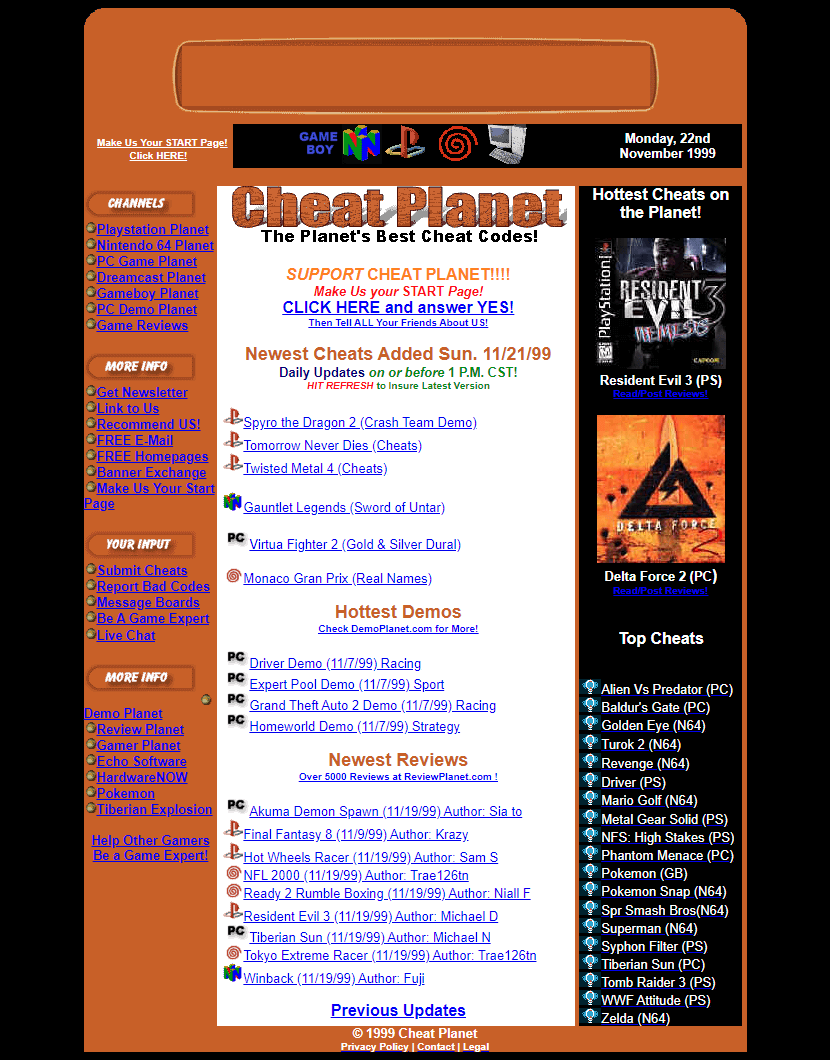 Cheat Planet website in 1999