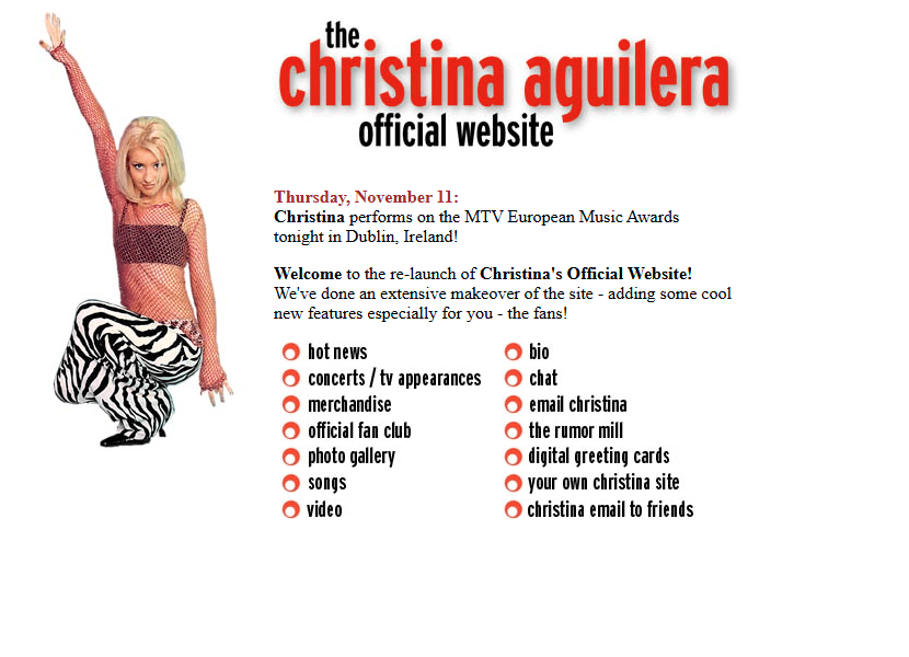 Christina Aguilera website in 1999