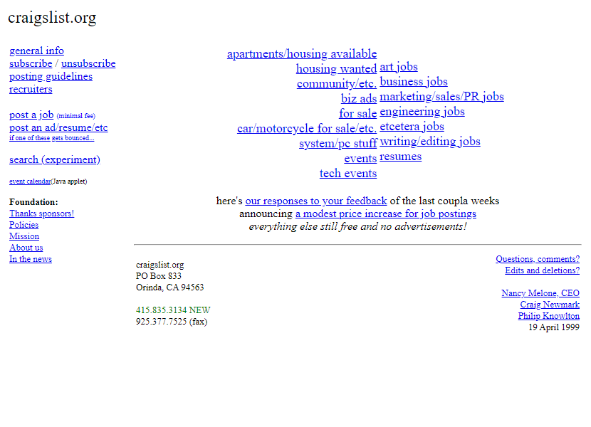 Craigslist website in 1999