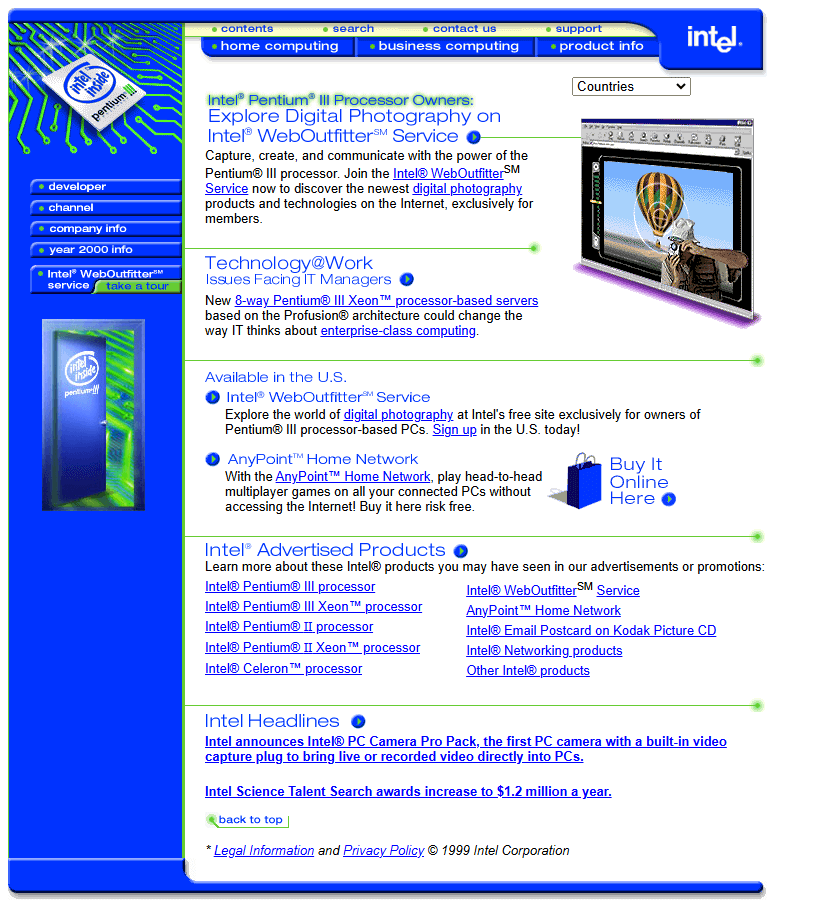 Intel website in 1999