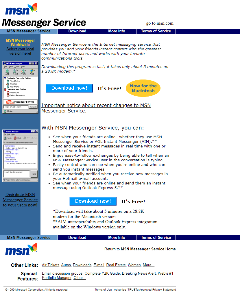 MSN Messenger website in 1999