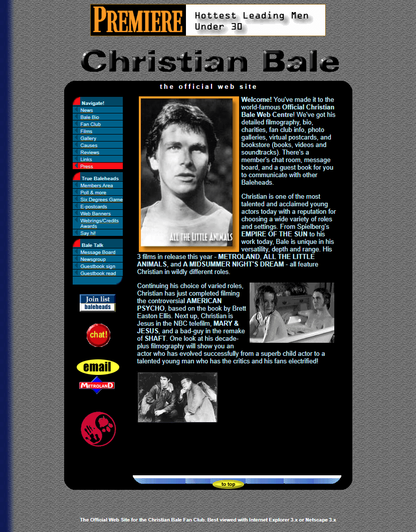 Official Christian Bale Web Site in 1999