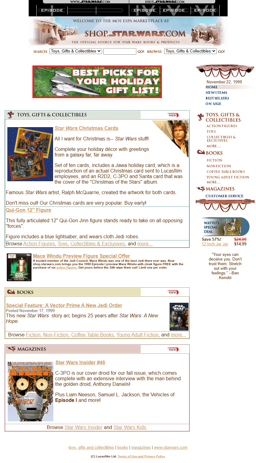 Shop Star Wars website in 1999