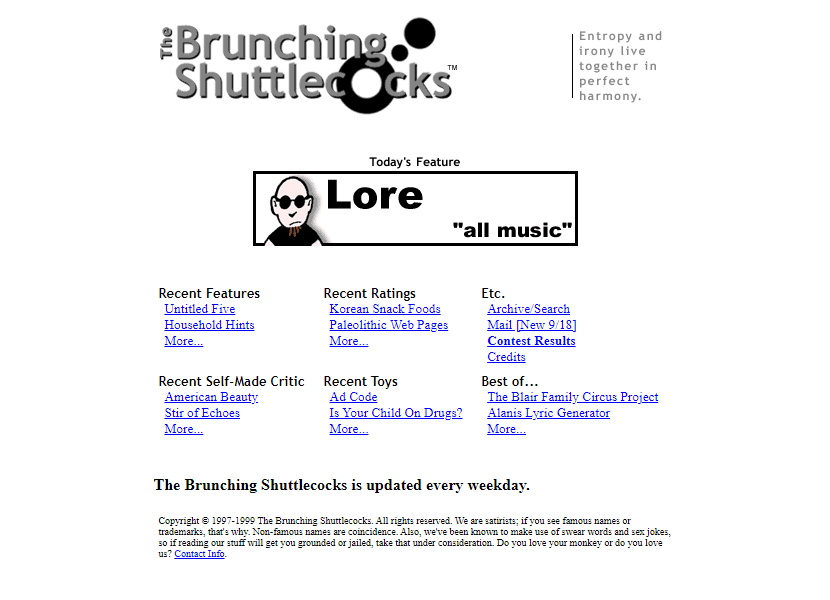 The Brunching Shuttlecocks website in 1999