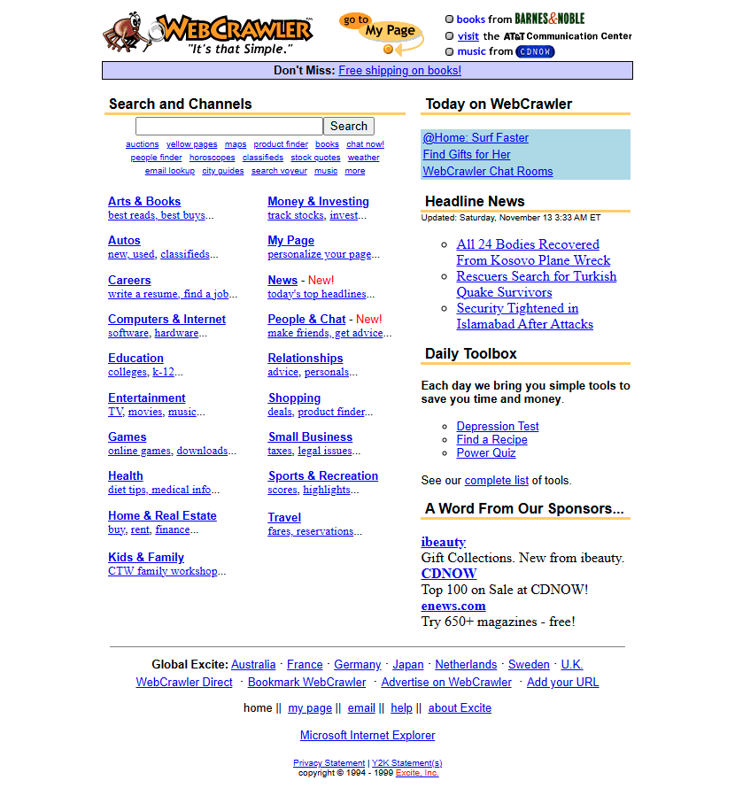 WebCrawler website in 1999