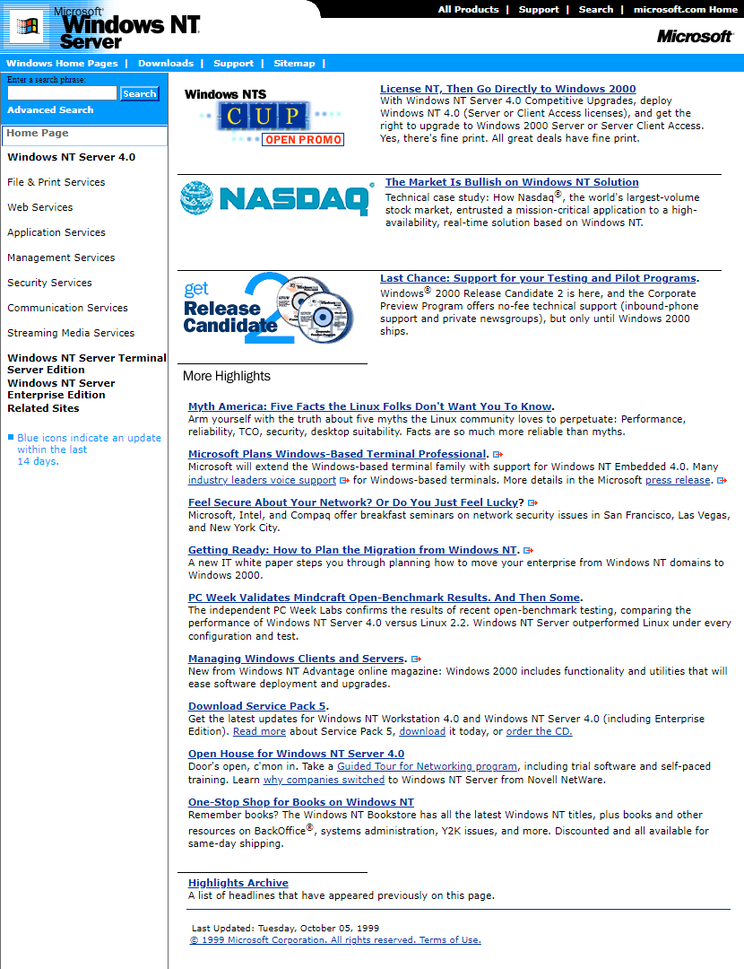 Windows NT Server 4.0 website in 1999