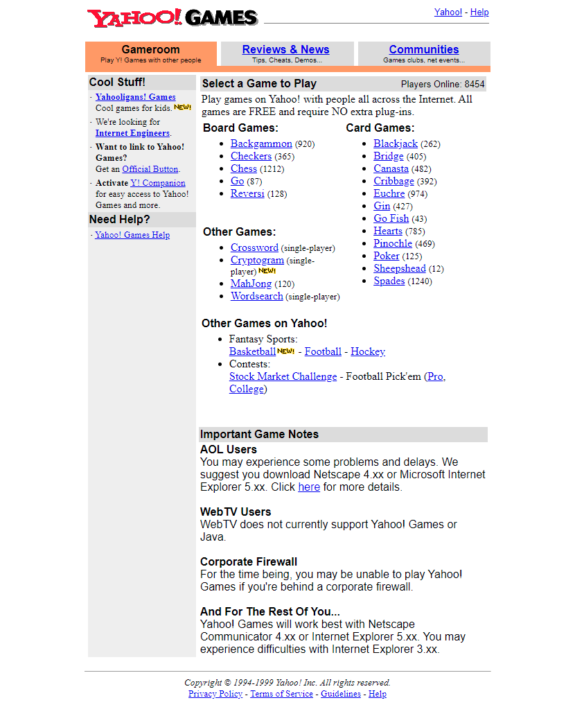 Yahoo Games website in 1999
