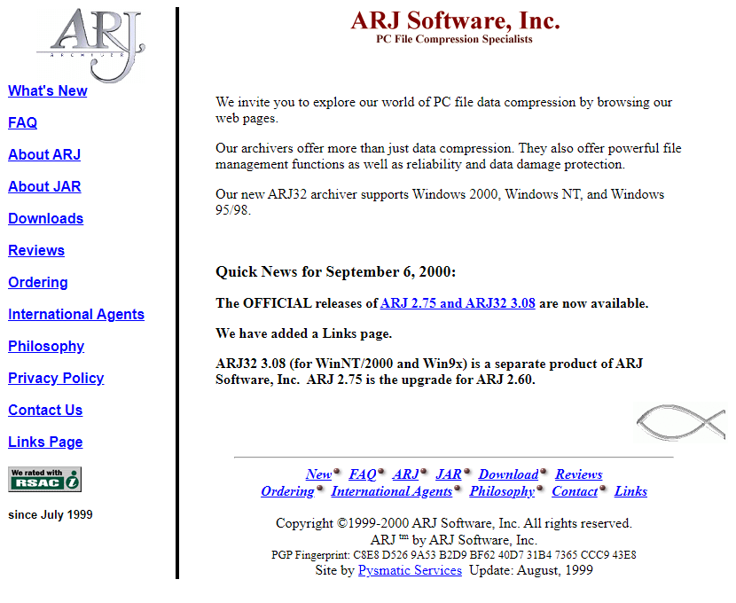 ARJ Software website in 2000