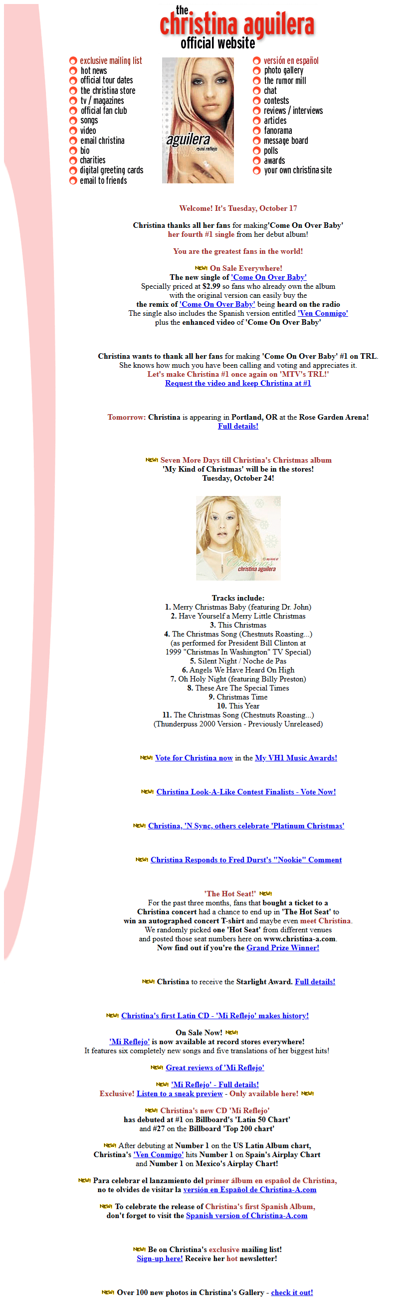 Christina Aguilera website in 2000