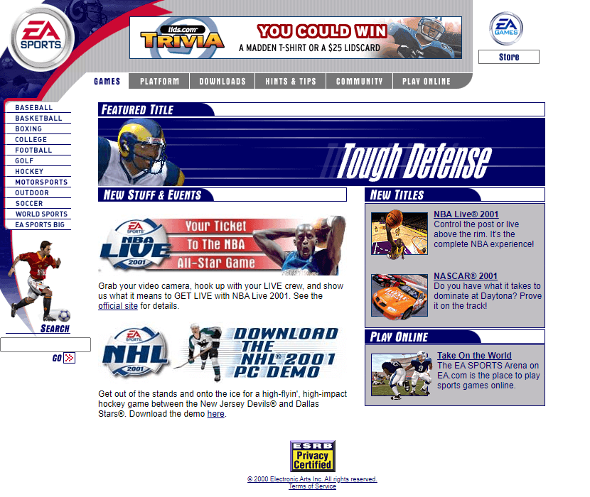 EA Sports website in 2000