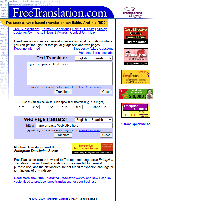 FreeTranslation.com website in 2000