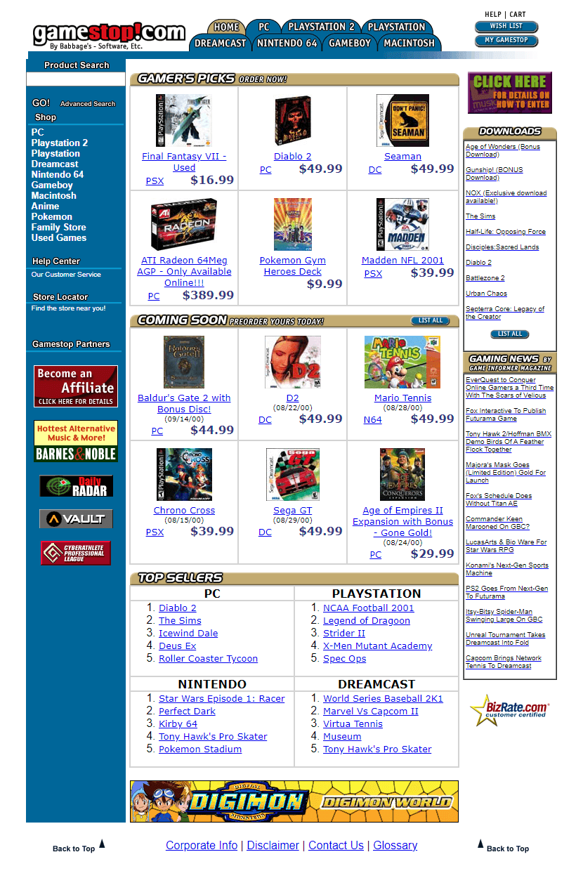 GameStop website in 2000