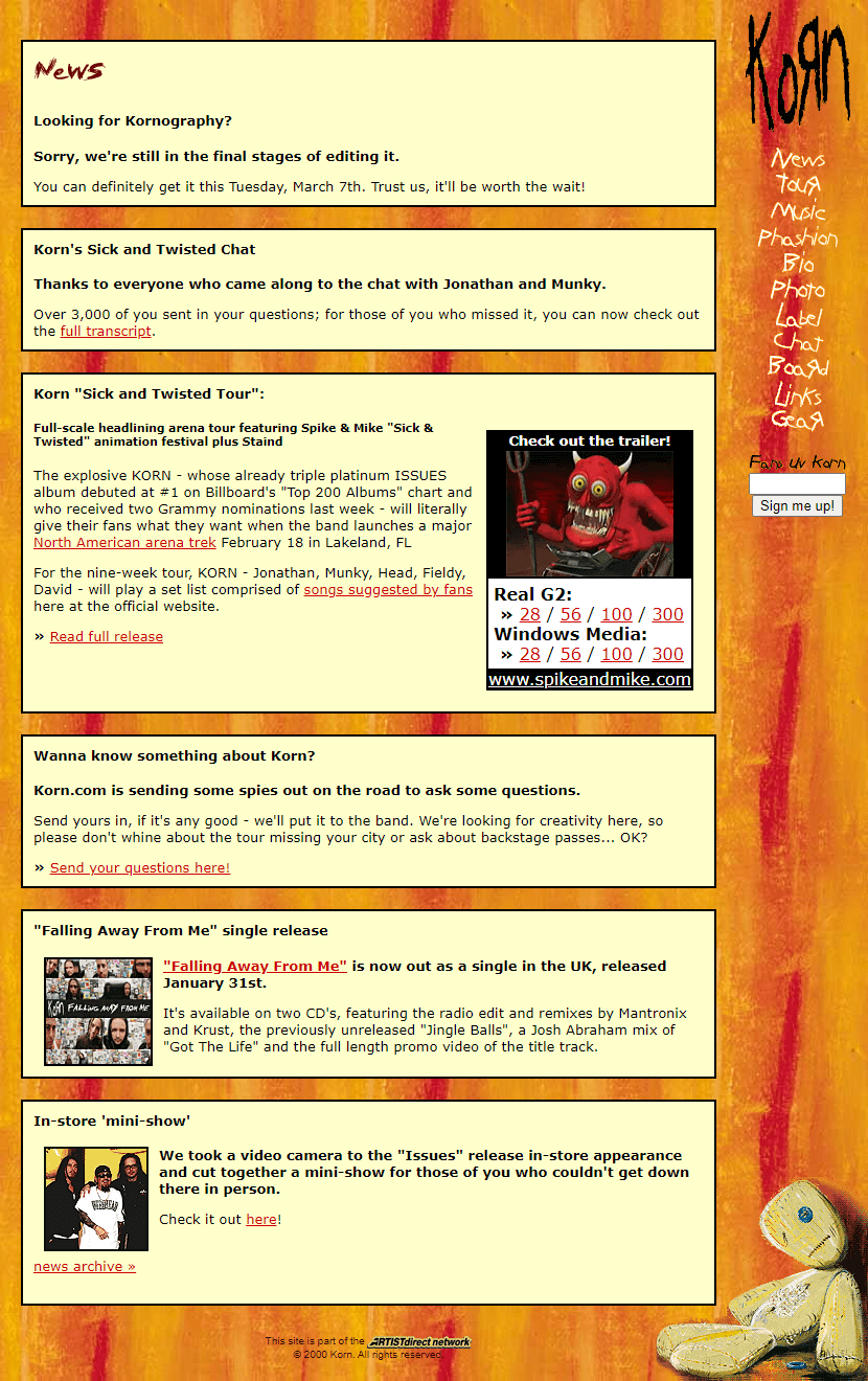 Korn website in 2000