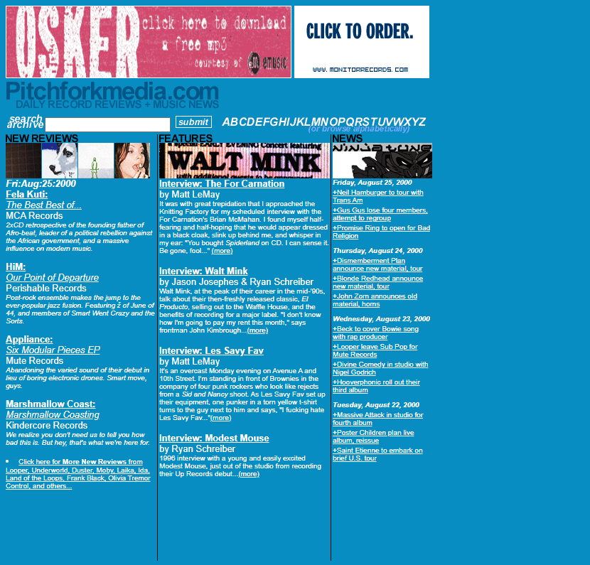 Pitchfork website in 2000