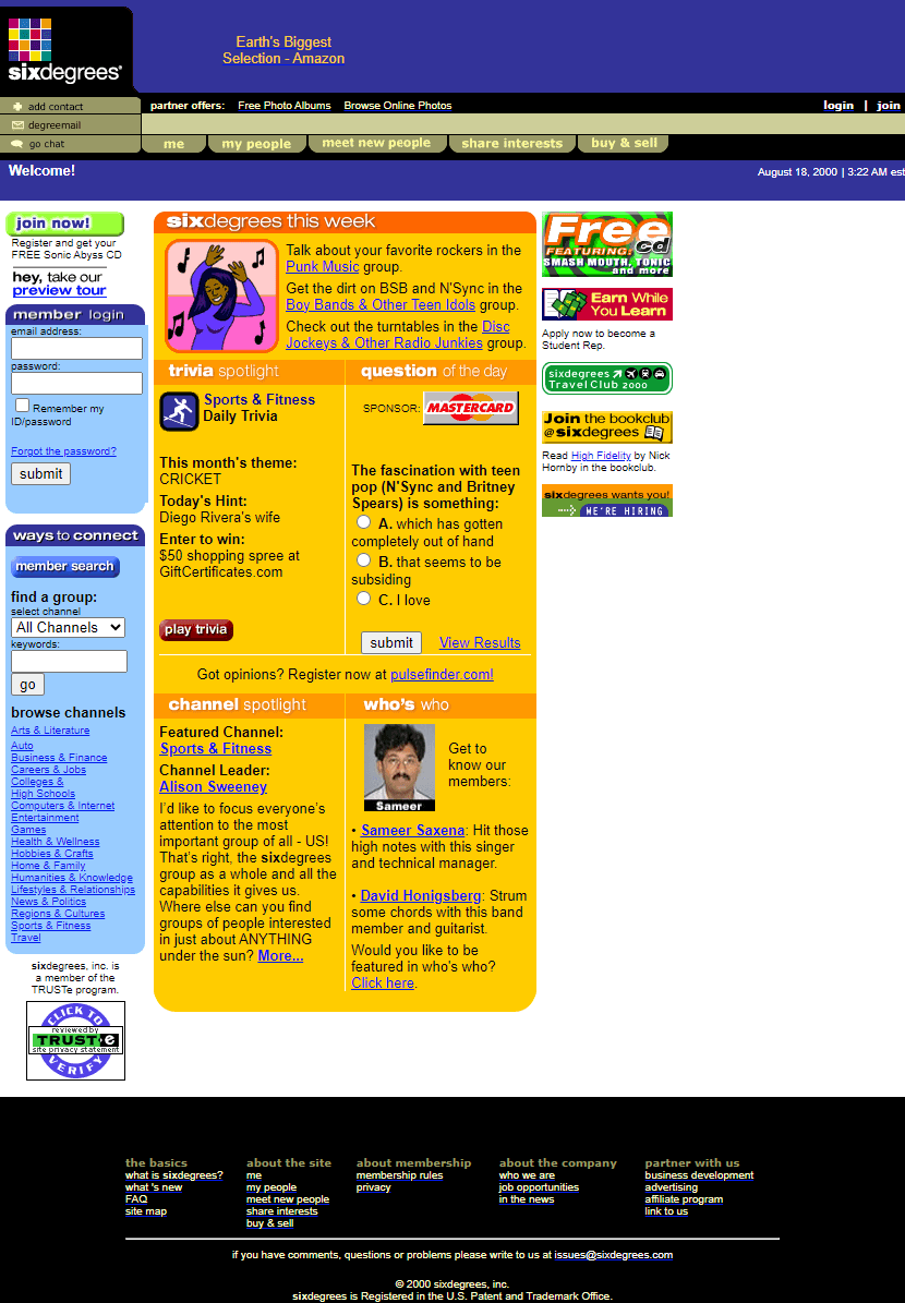 Sixdegrees website in 2000