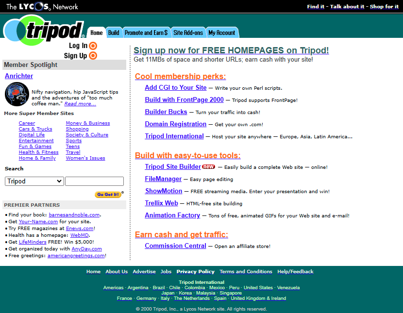 Tripod website in 2000