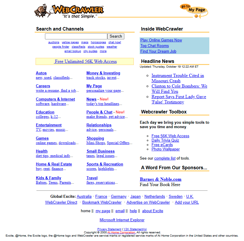 WebCrawler website in 2000