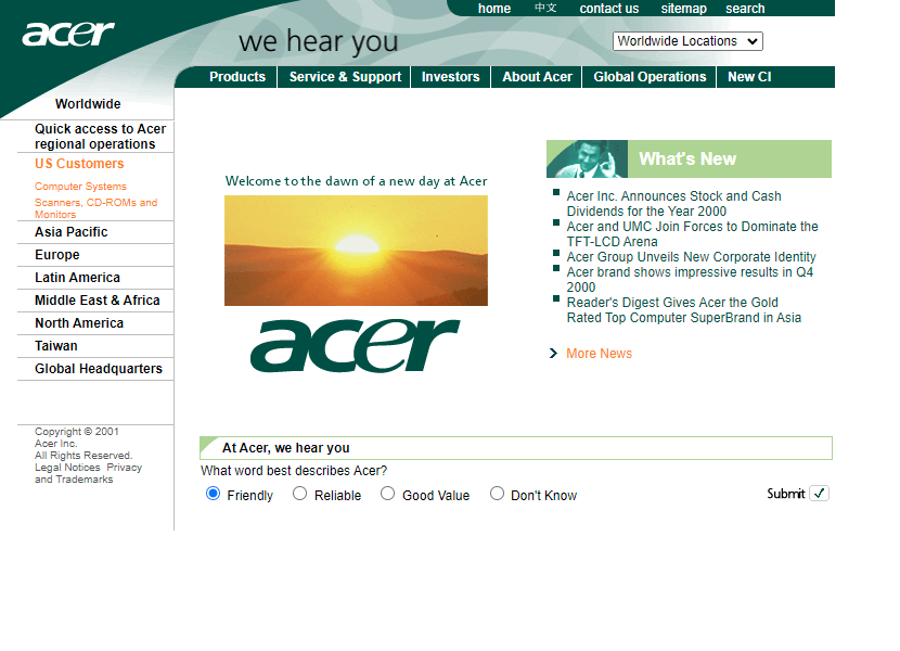 Acer website in 2001