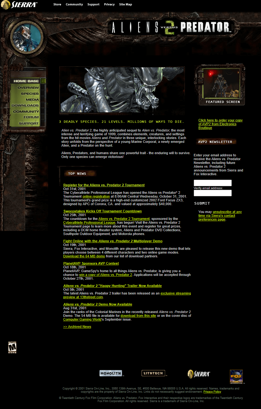 Alien vs. Predator 2 website in 2001