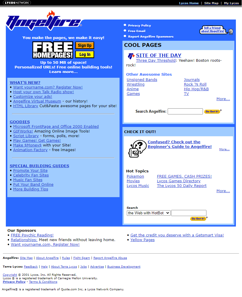 Angelfire website in 2001