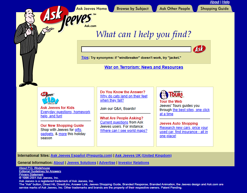 Ask Jeeves website in 2001