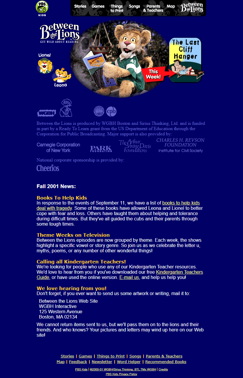 Between the Lions website in 2001