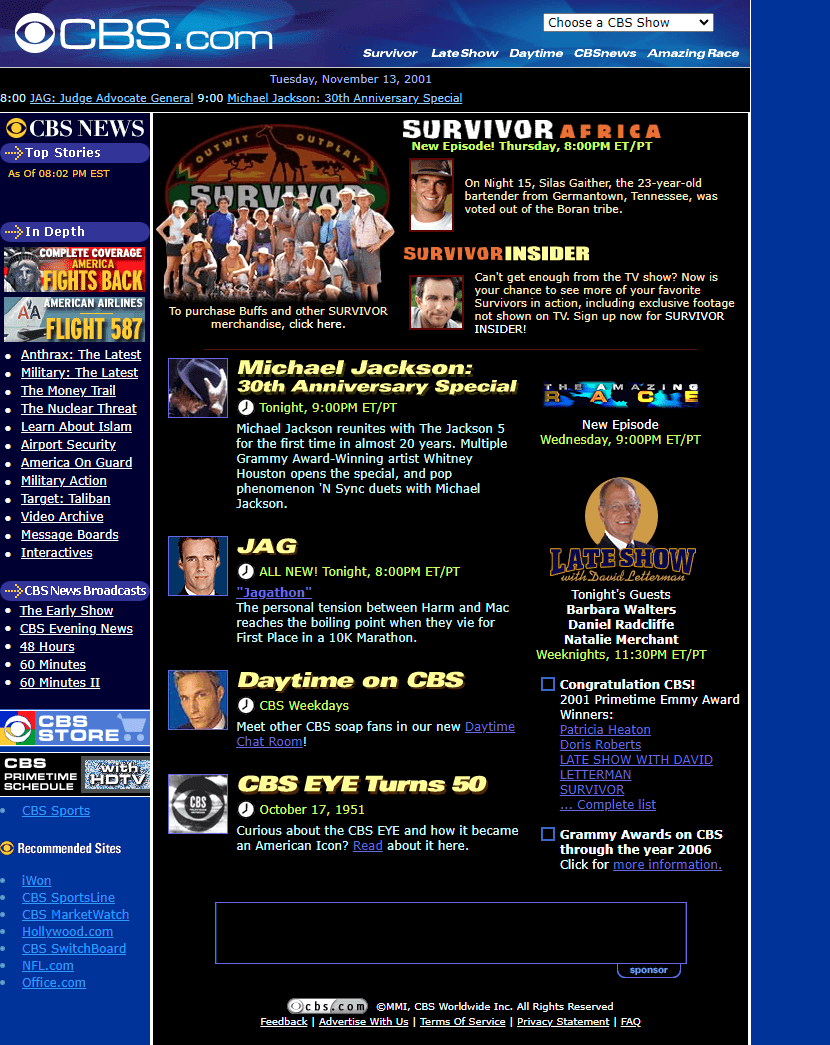 CBS website in 2001