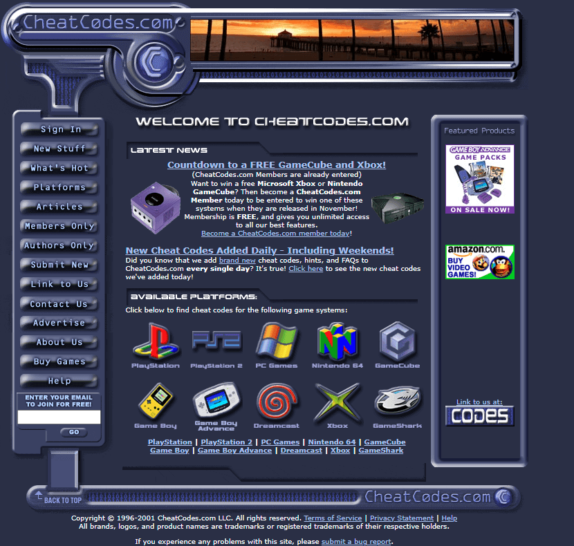 CheatCodes.com website in 2001