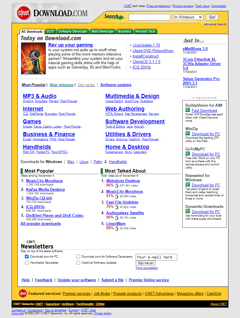 Download.com website in 2001