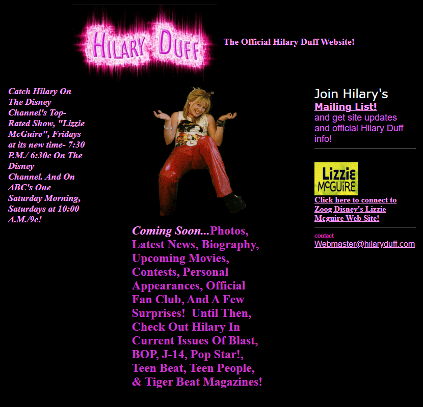 Hilary Duff website in 2001