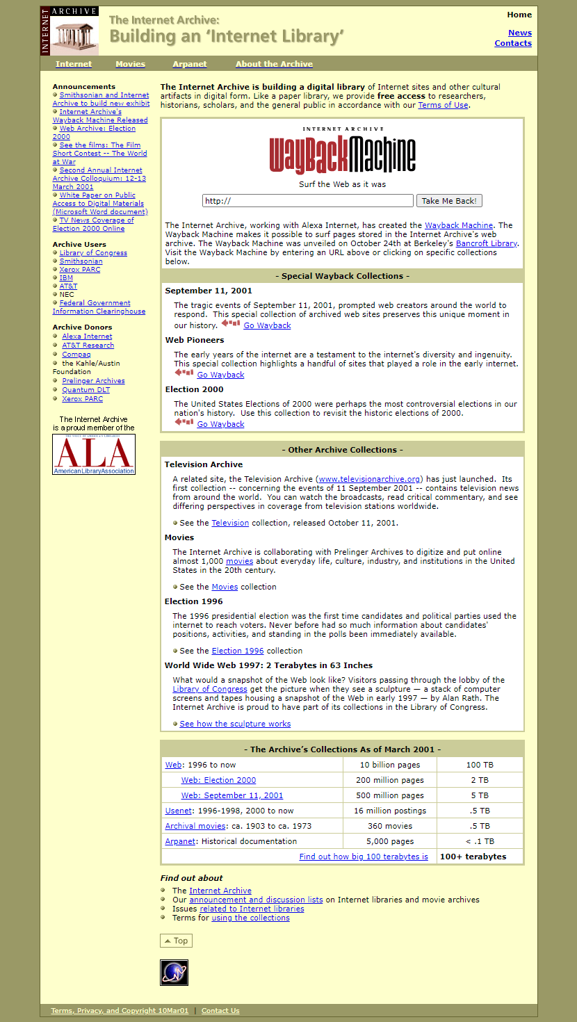 Internet Archive website in 2001