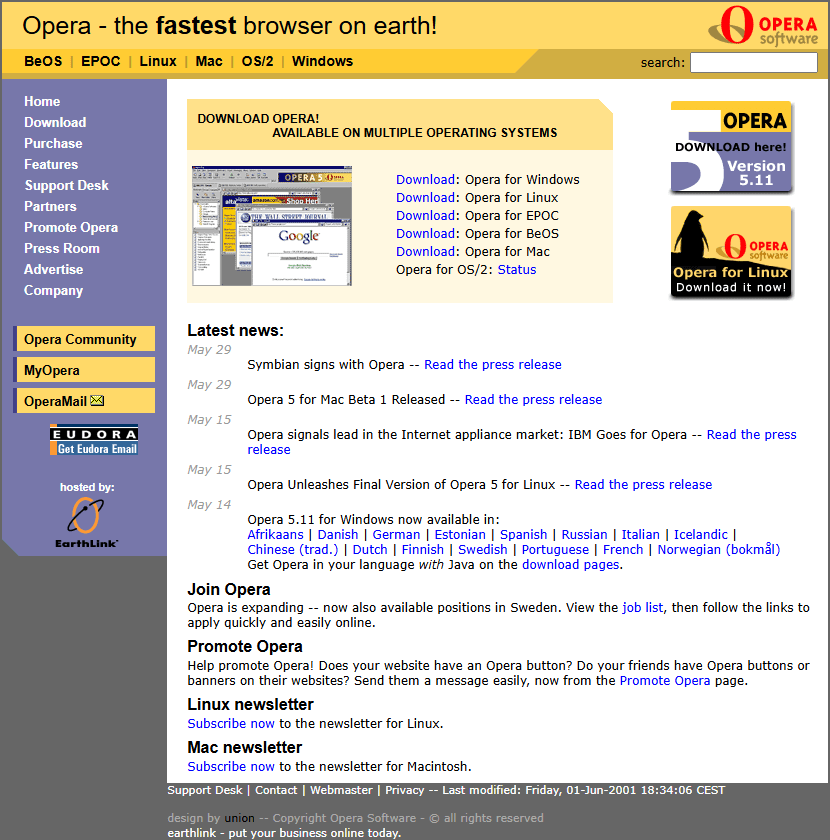 Opera Software website in 2001