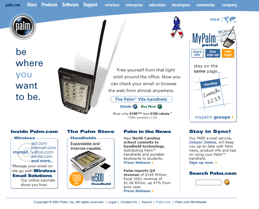 Palm website in 2001