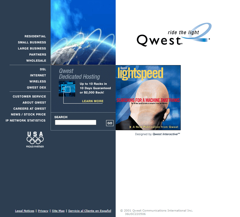 Qwest Communications website in 2001
