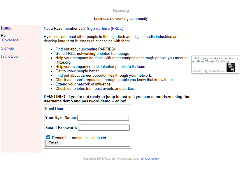 Ryze website in 2001
