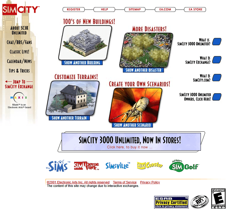 SimCity website in 2001