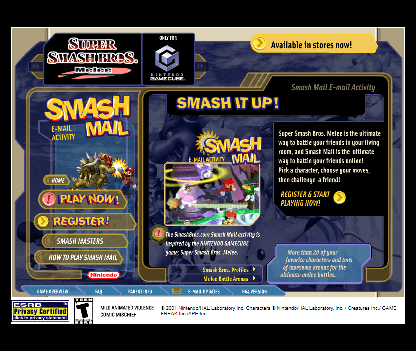 Super Smash Bros. Melee Smash Mail flash website in 2001