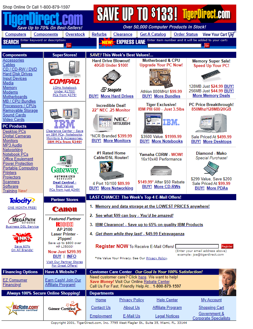 TigerDirect website in 2001