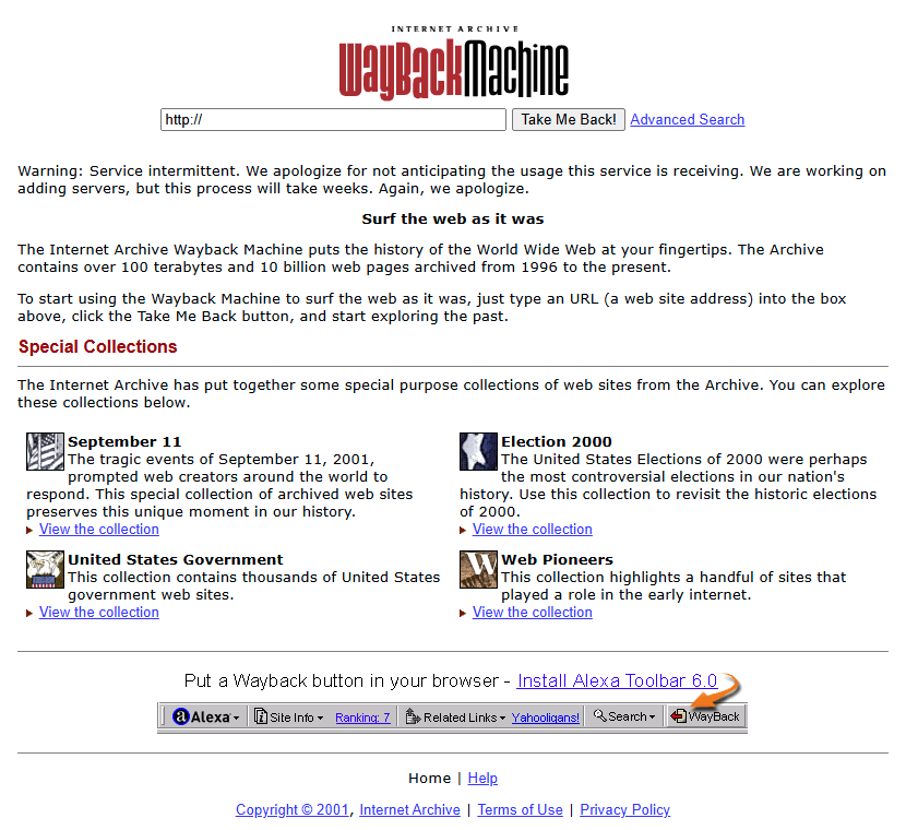 Wayback Machine website in 2001