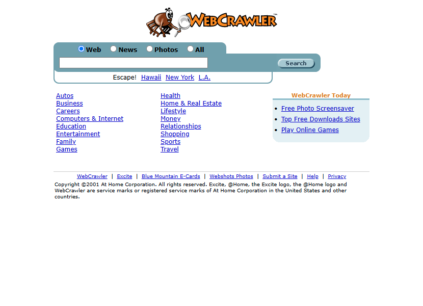 WebCrawler website in 2001