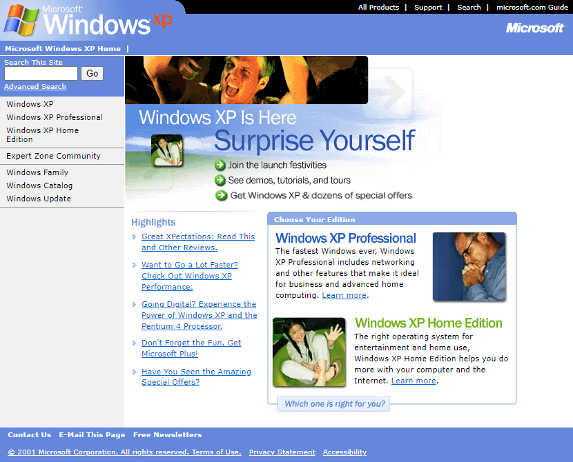 Windows XP Home Page in 2001